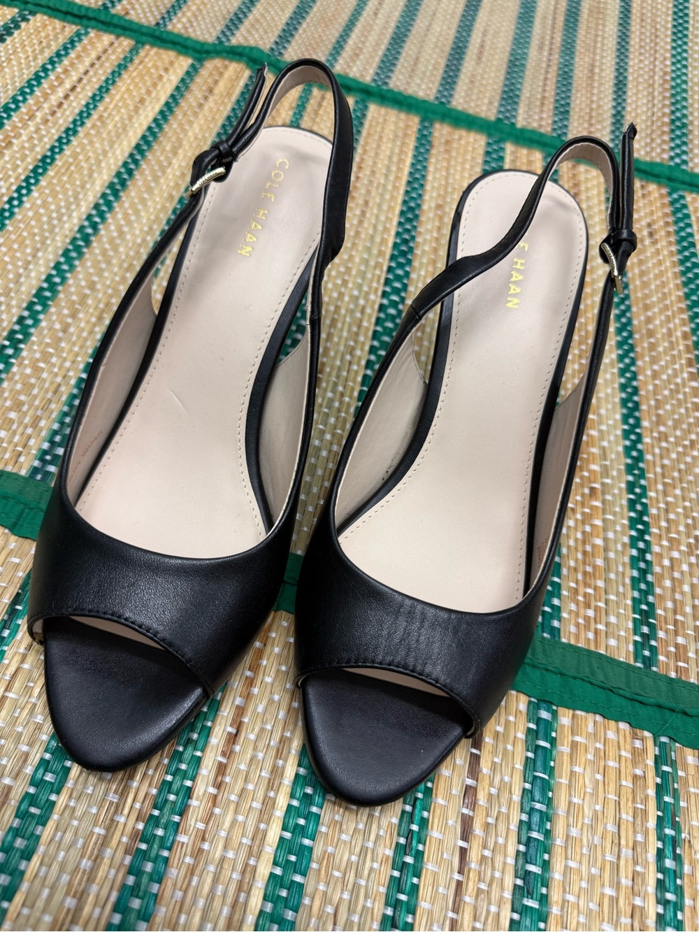 Cole Haan Black Leather Open-Toe Slingback Heels